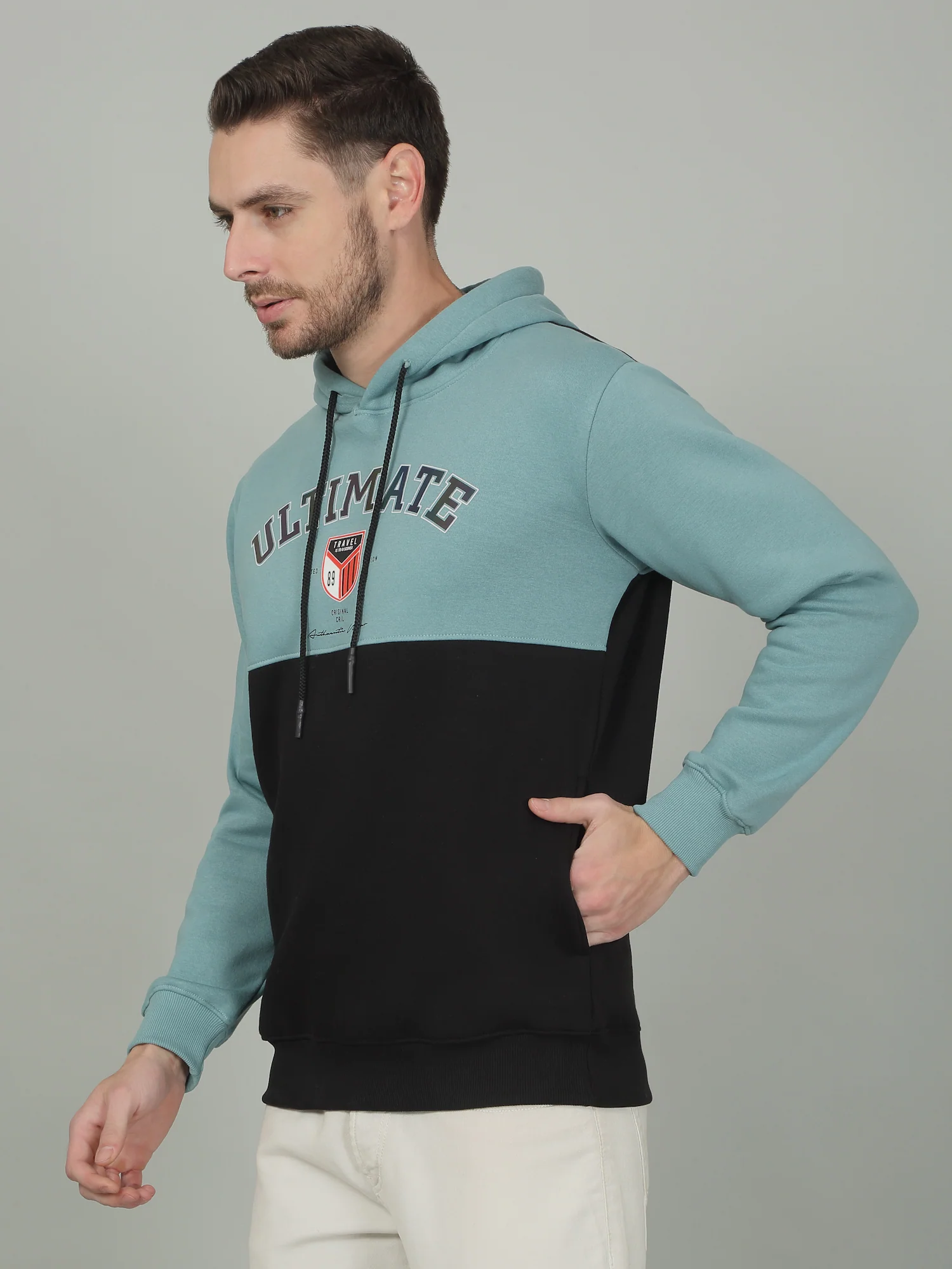 Men's Colorblock Teal Hooded Neck Sweatshirt - Image 4