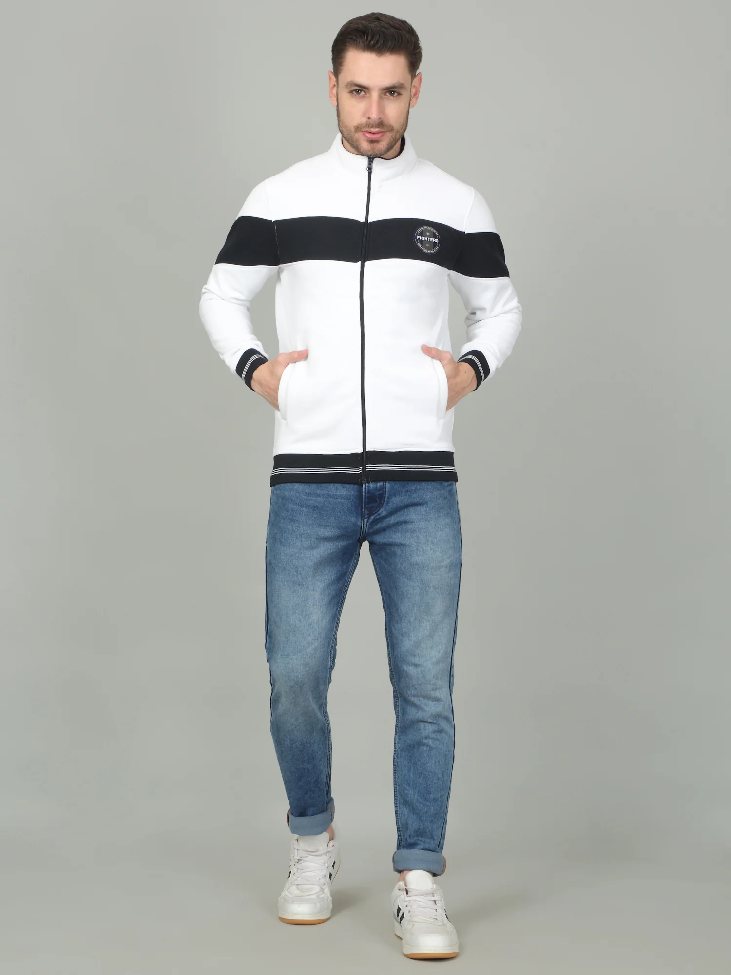 Men's Colorblock White Mock Neck Sweatshirt - Image 2