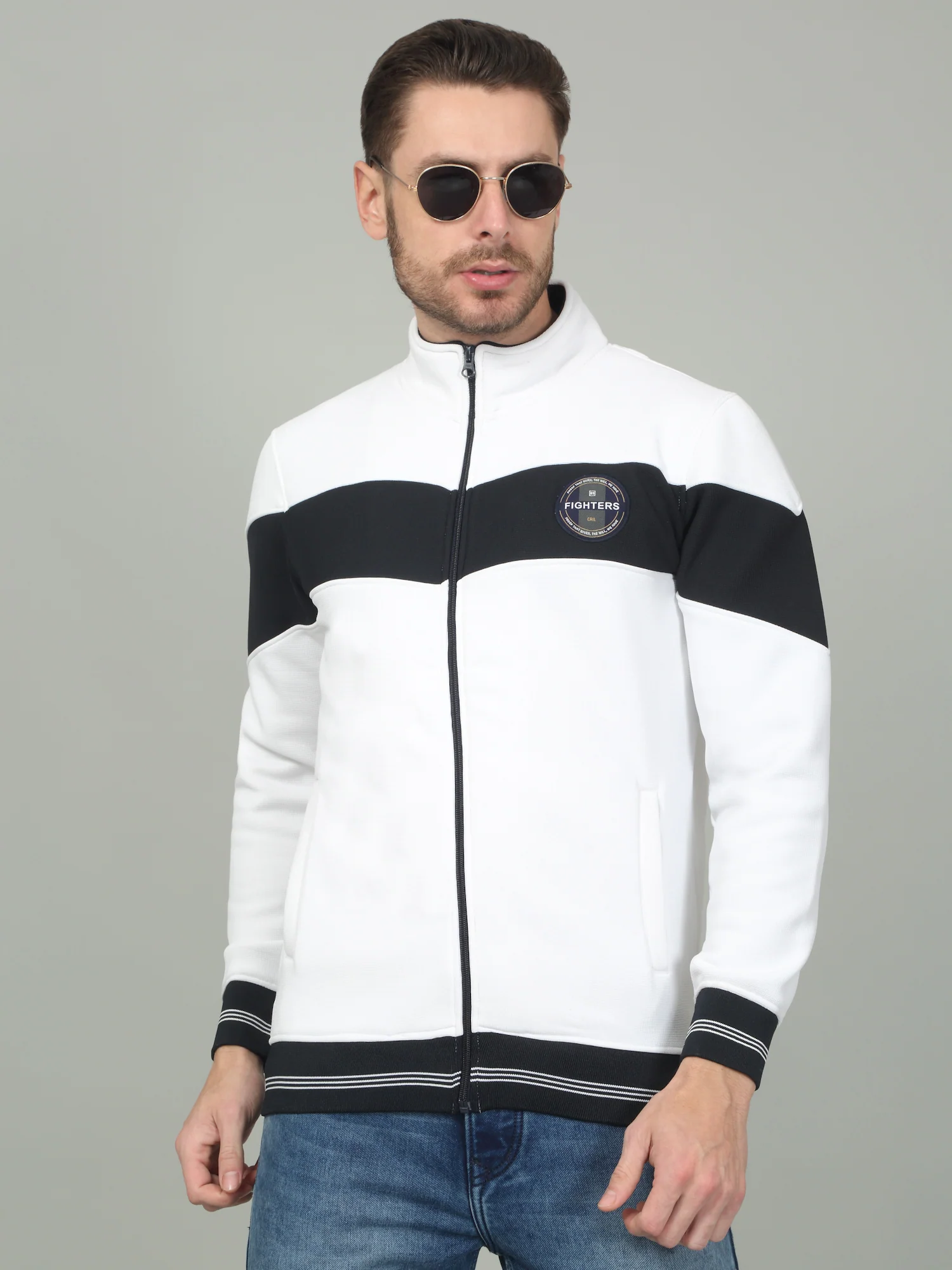 Men's Colorblock White Mock Neck Sweatshirt - Image 3