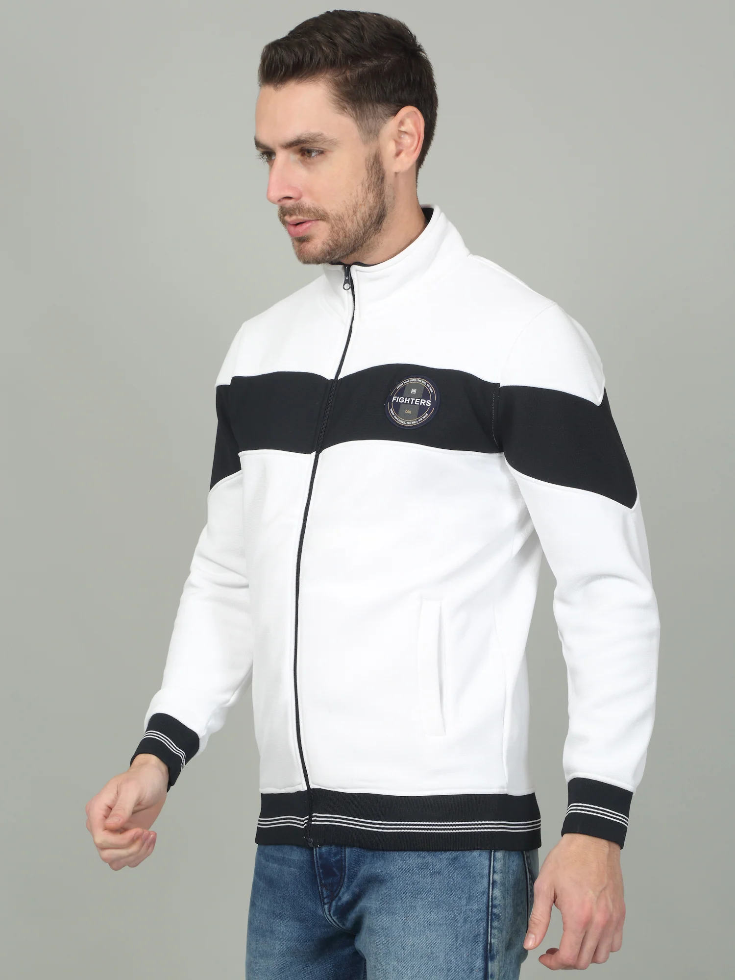 Men's Colorblock White Mock Neck Sweatshirt - Image 4