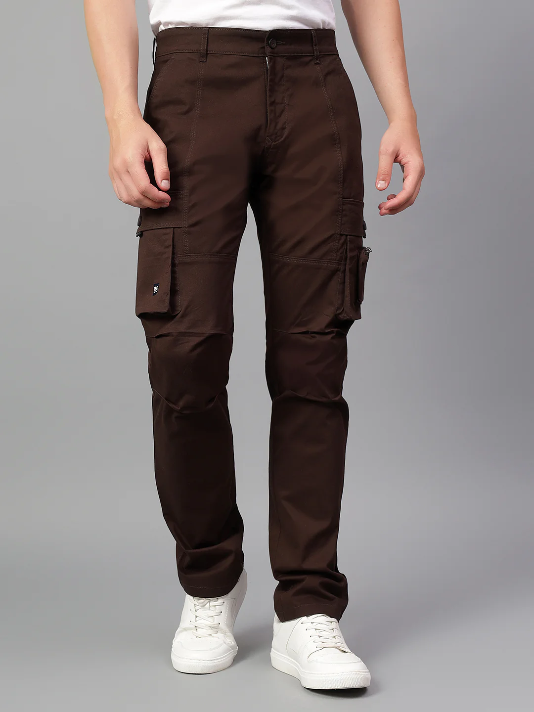 Men's Dark Brown Solid Full Length Cargo - Image 3