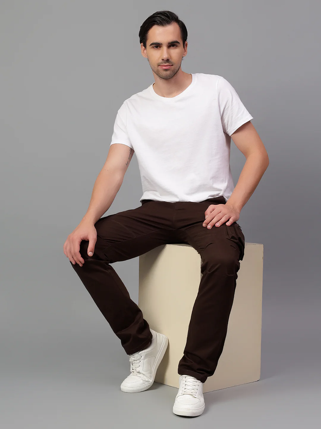 Men's Dark Brown Solid Full Length Cargo - Image 6