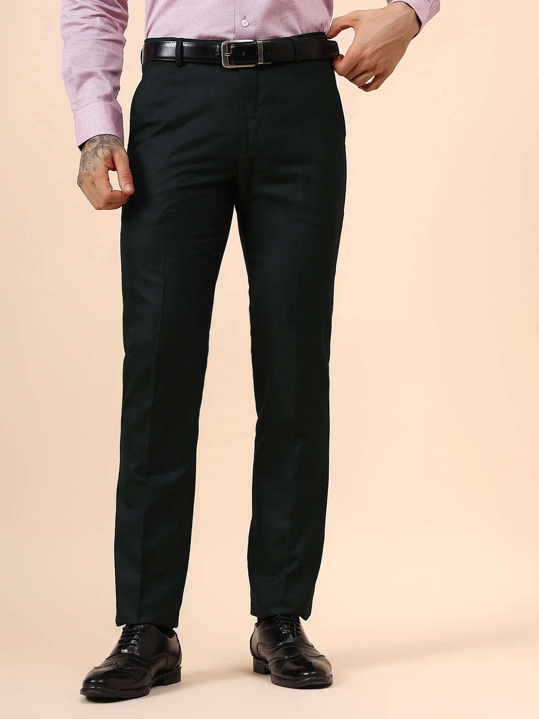 Men's Dark Green Checkered Non Plated Regular Fit Formal Trouser - Image 2
