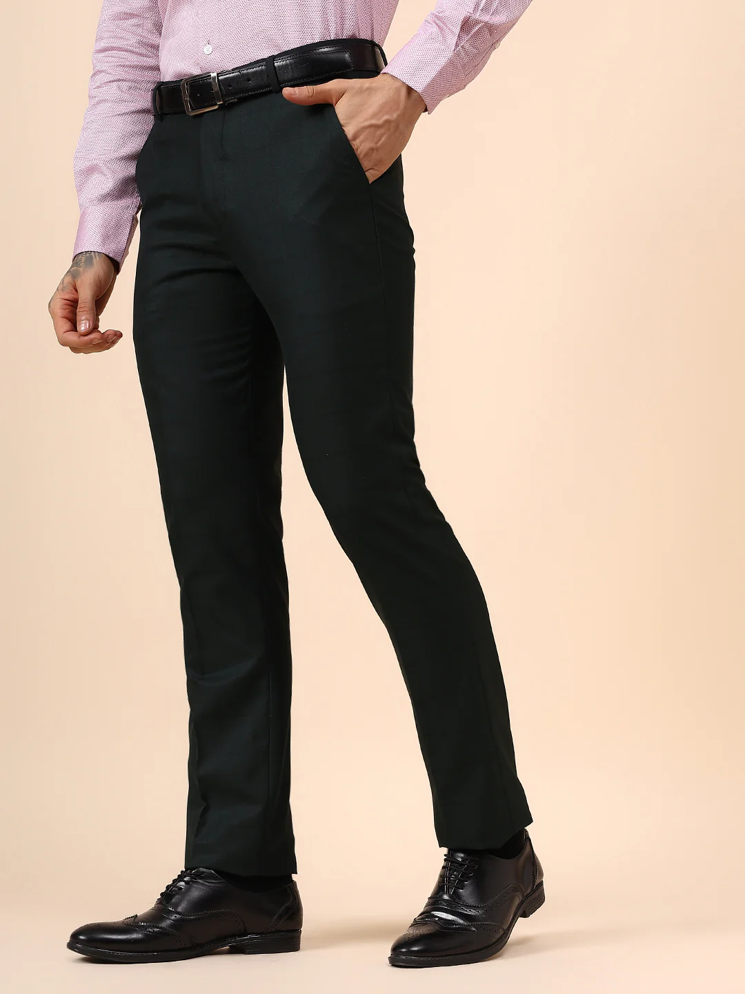 Men's Dark Green Checkered Non Plated Regular Fit Formal Trouser - Image 3