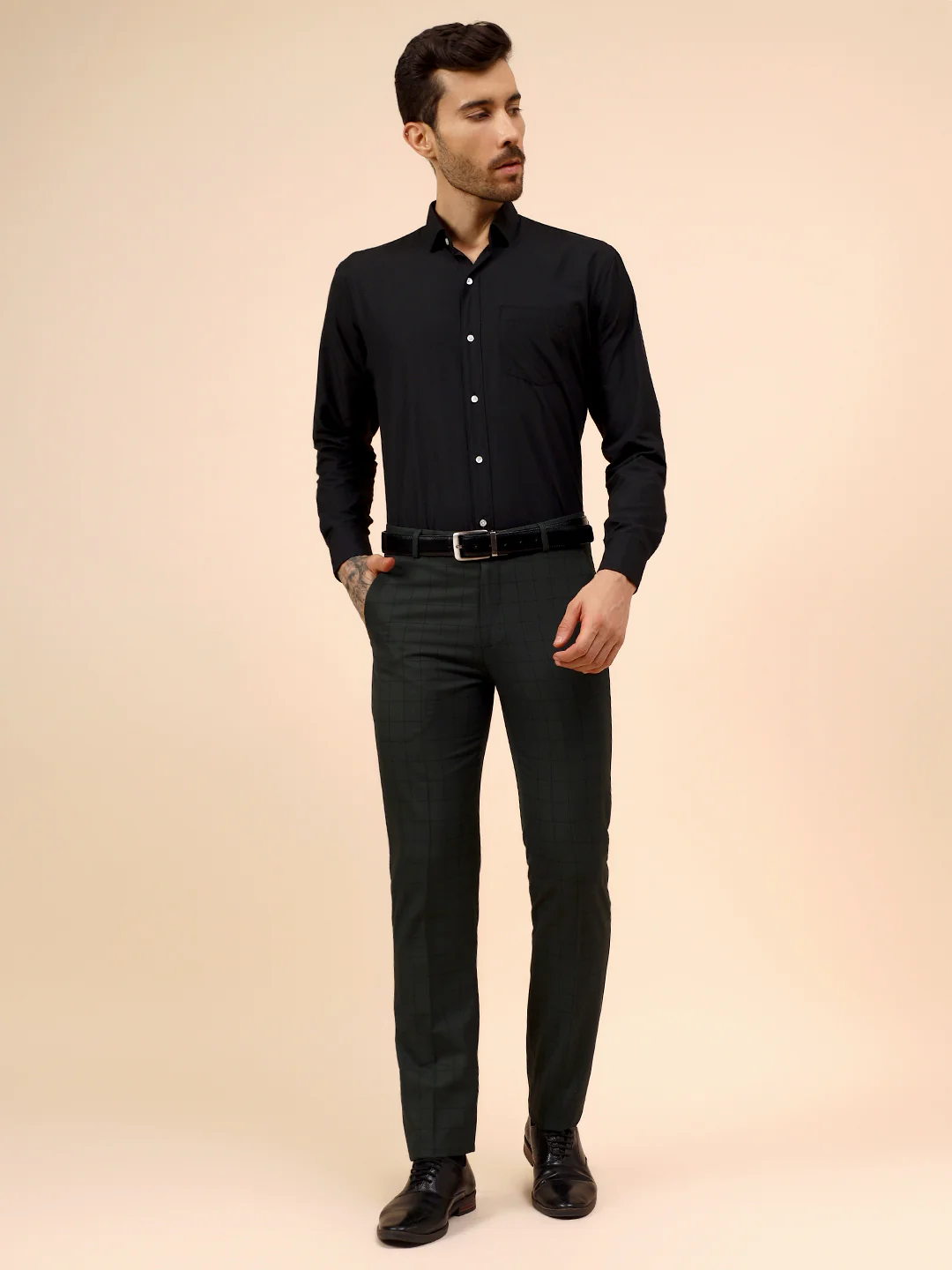 Men's Dark Green Checkered Non Plated Regular Fit Formal Trouser - Image 10