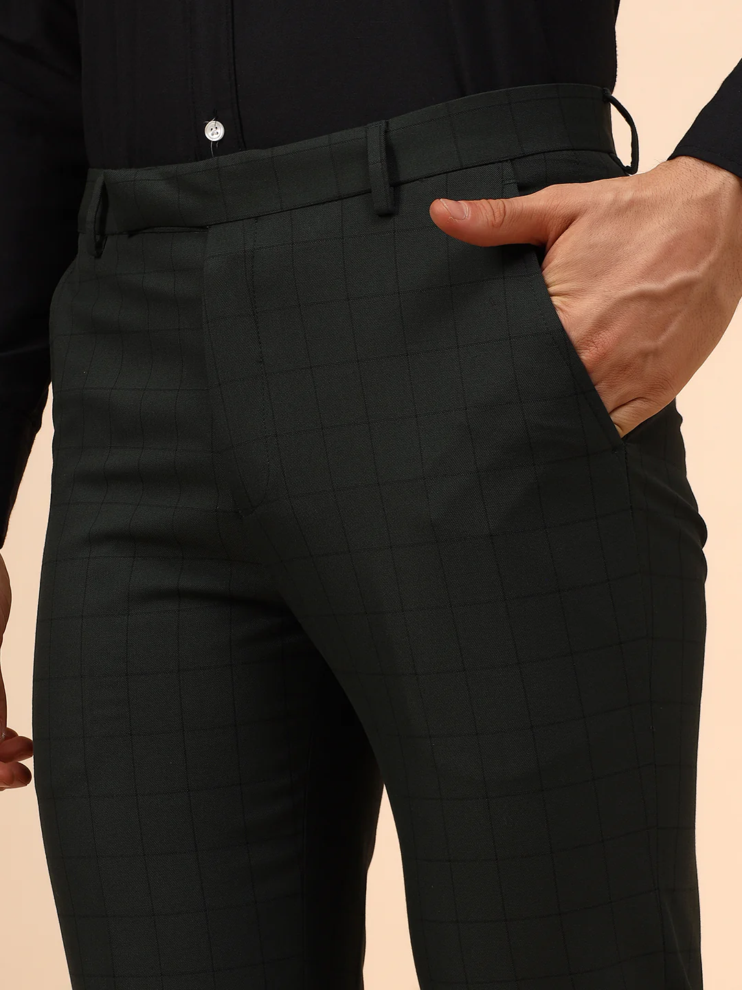 Men's Dark Green Checkered Non Plated Regular Fit Formal Trouser - Image 7