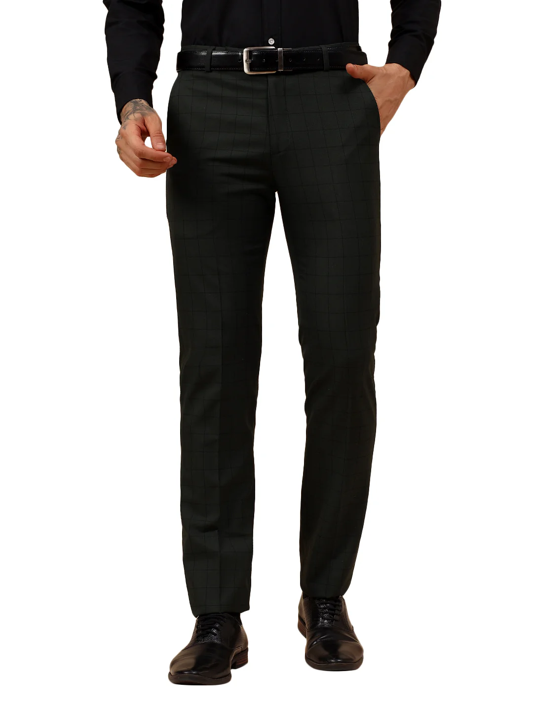 Men's Dark Green Checkered Non Plated Regular Fit Formal Trouser - Image 9