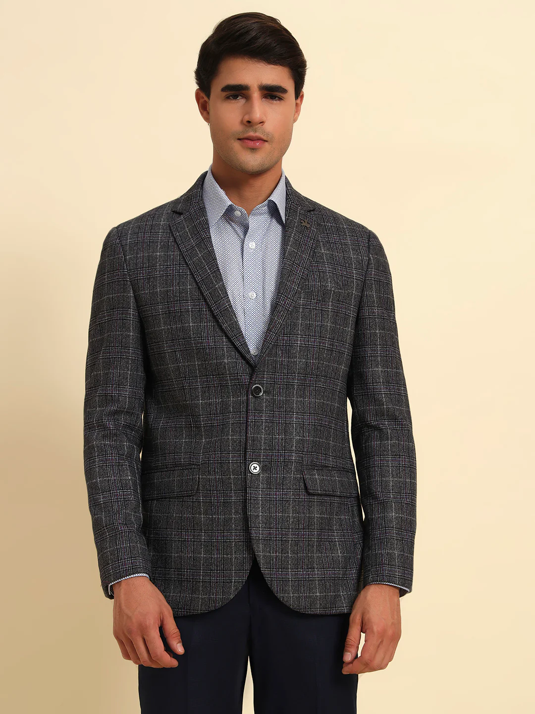 Dark Grey Checkered Smart Fit Coat | Cantabil - Image 4