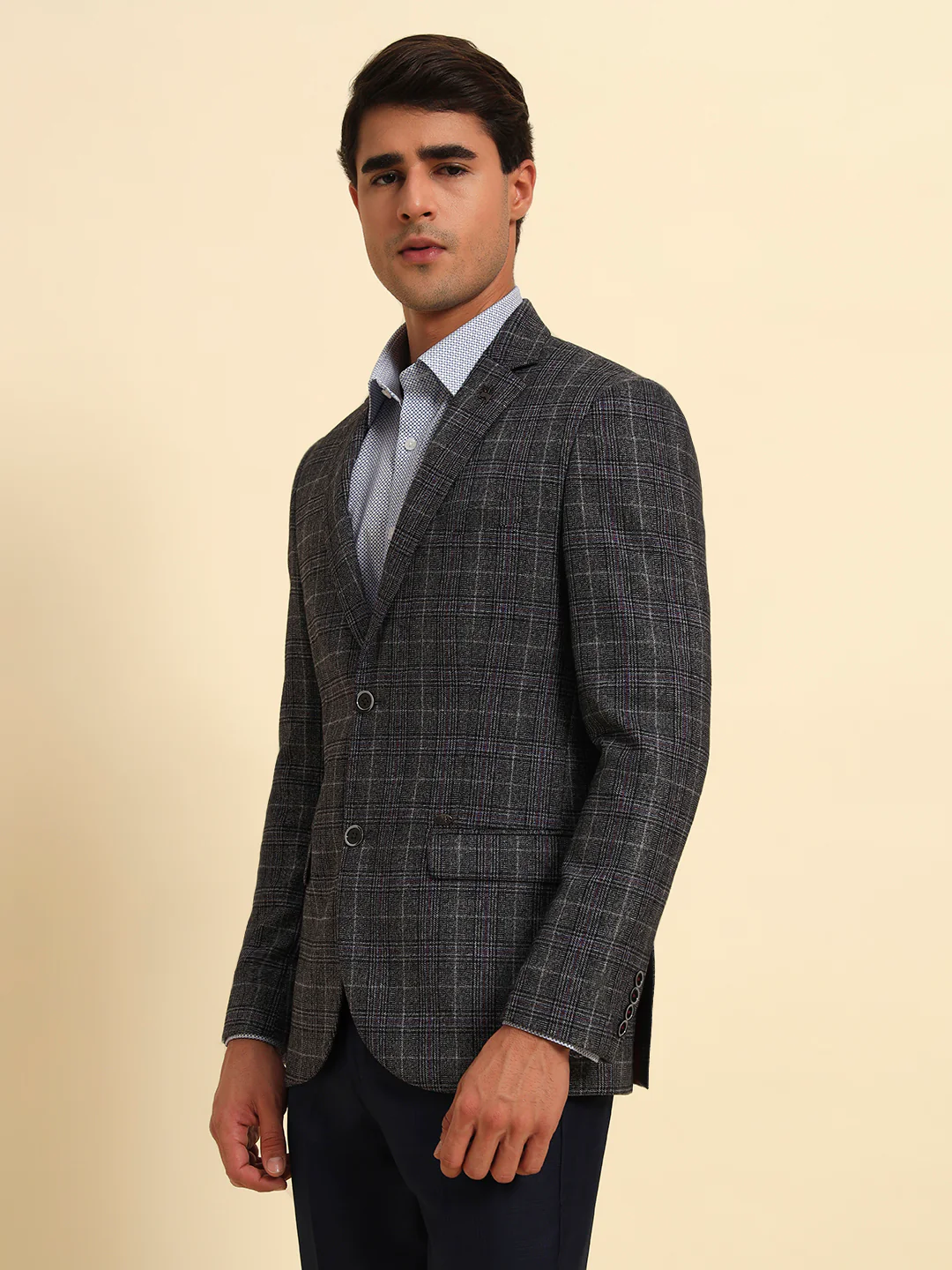 Dark Grey Checkered Smart Fit Coat | Cantabil - Image 5