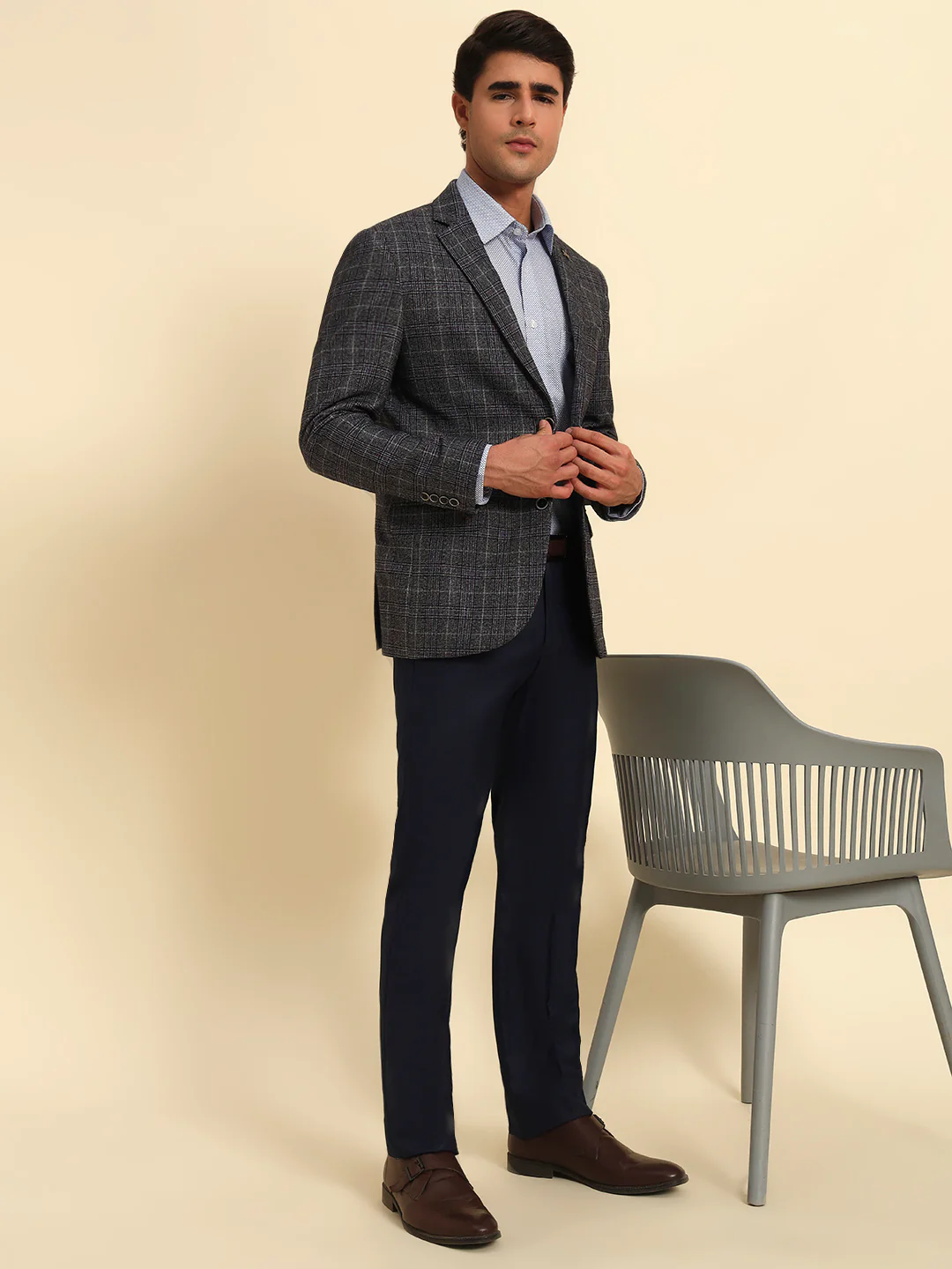 Dark Grey Checkered Smart Fit Coat | Cantabil - Image 9