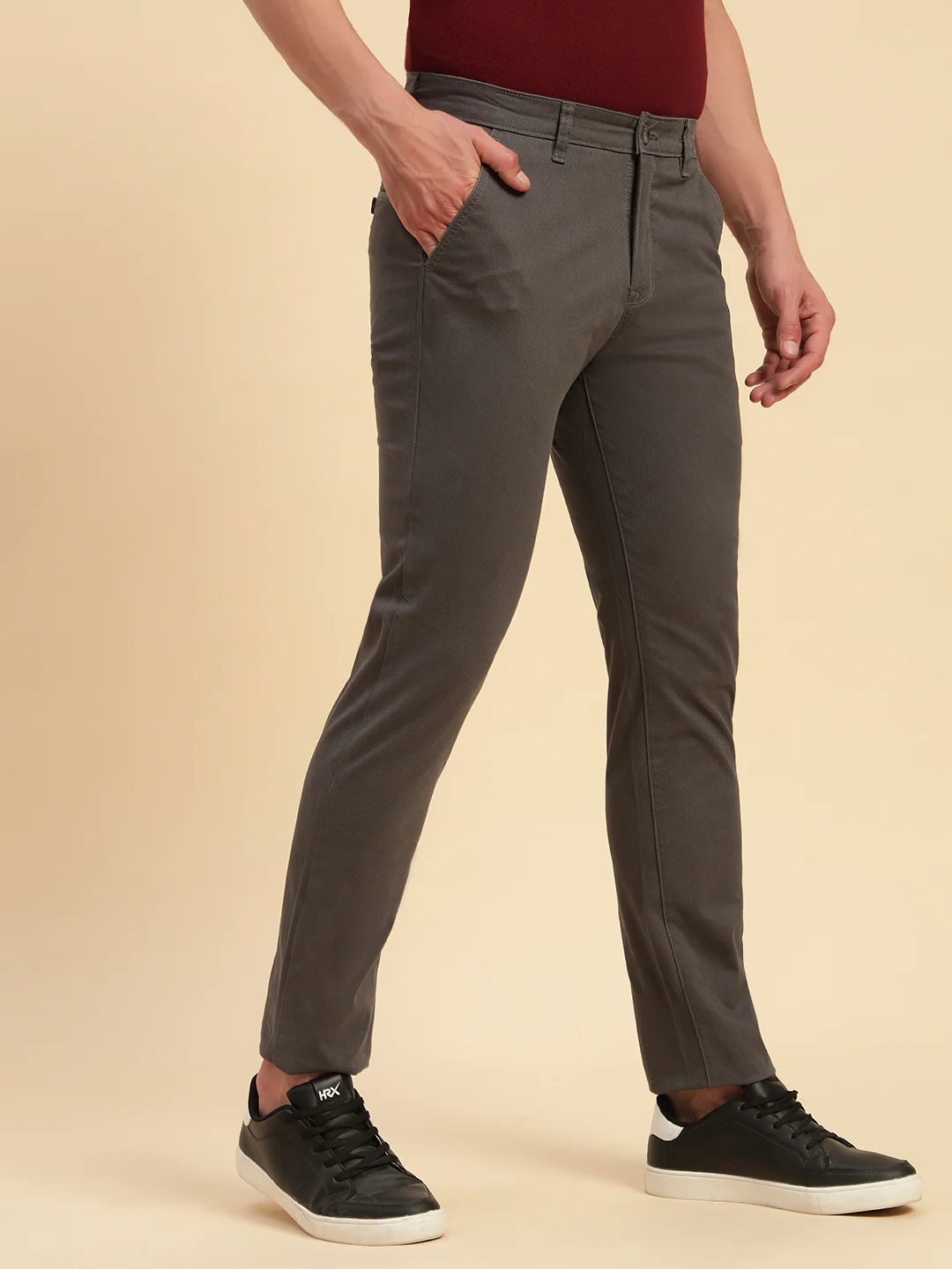 Casual Trouser for Men | Breathable & Soft with Color Fastness Regular Fit Cotton Blend Fabric Self Design Pattern Button Closure - Image 2