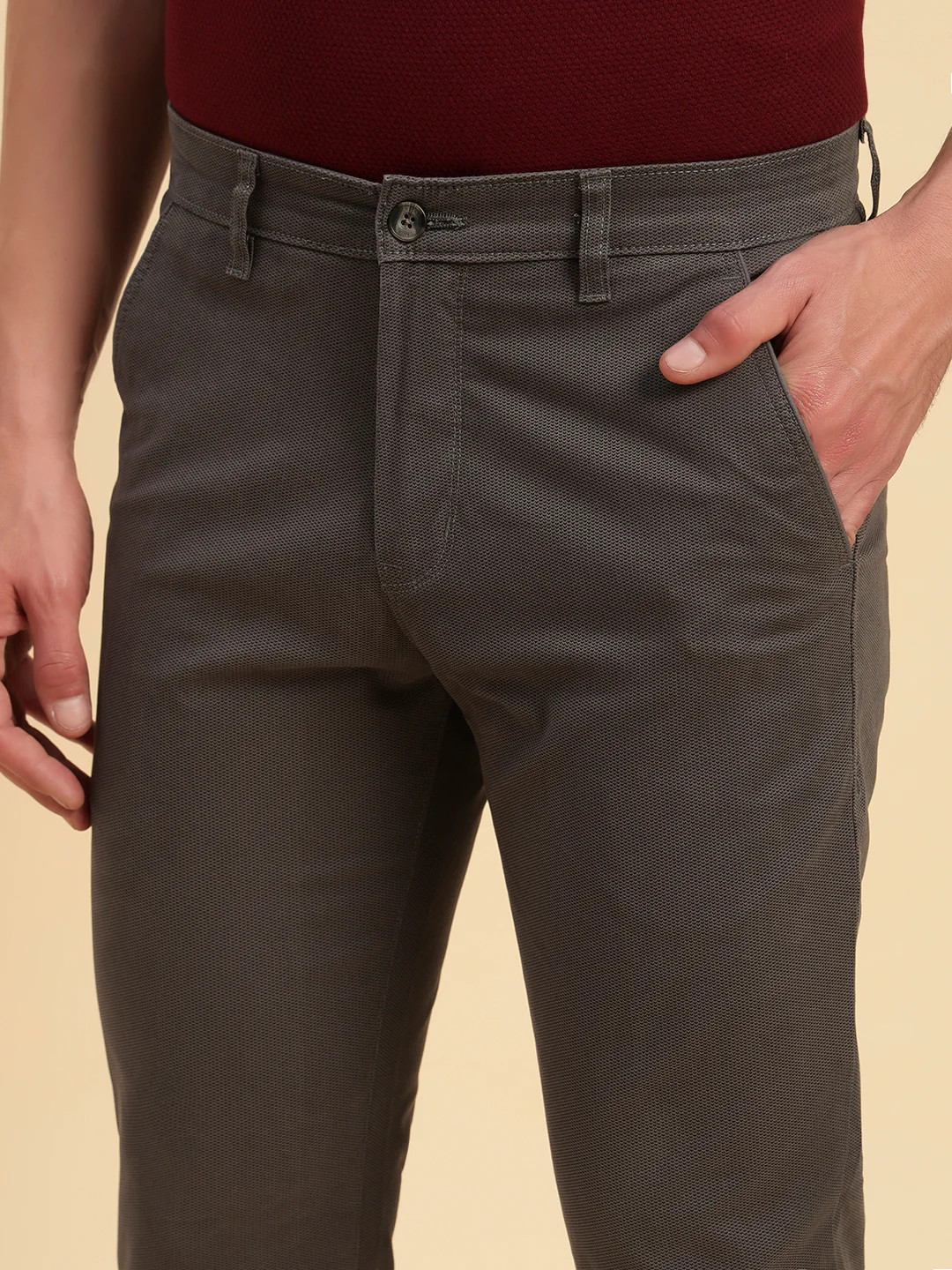 Casual Trouser for Men | Breathable & Soft with Color Fastness Regular Fit Cotton Blend Fabric Self Design Pattern Button Closure - Image 3