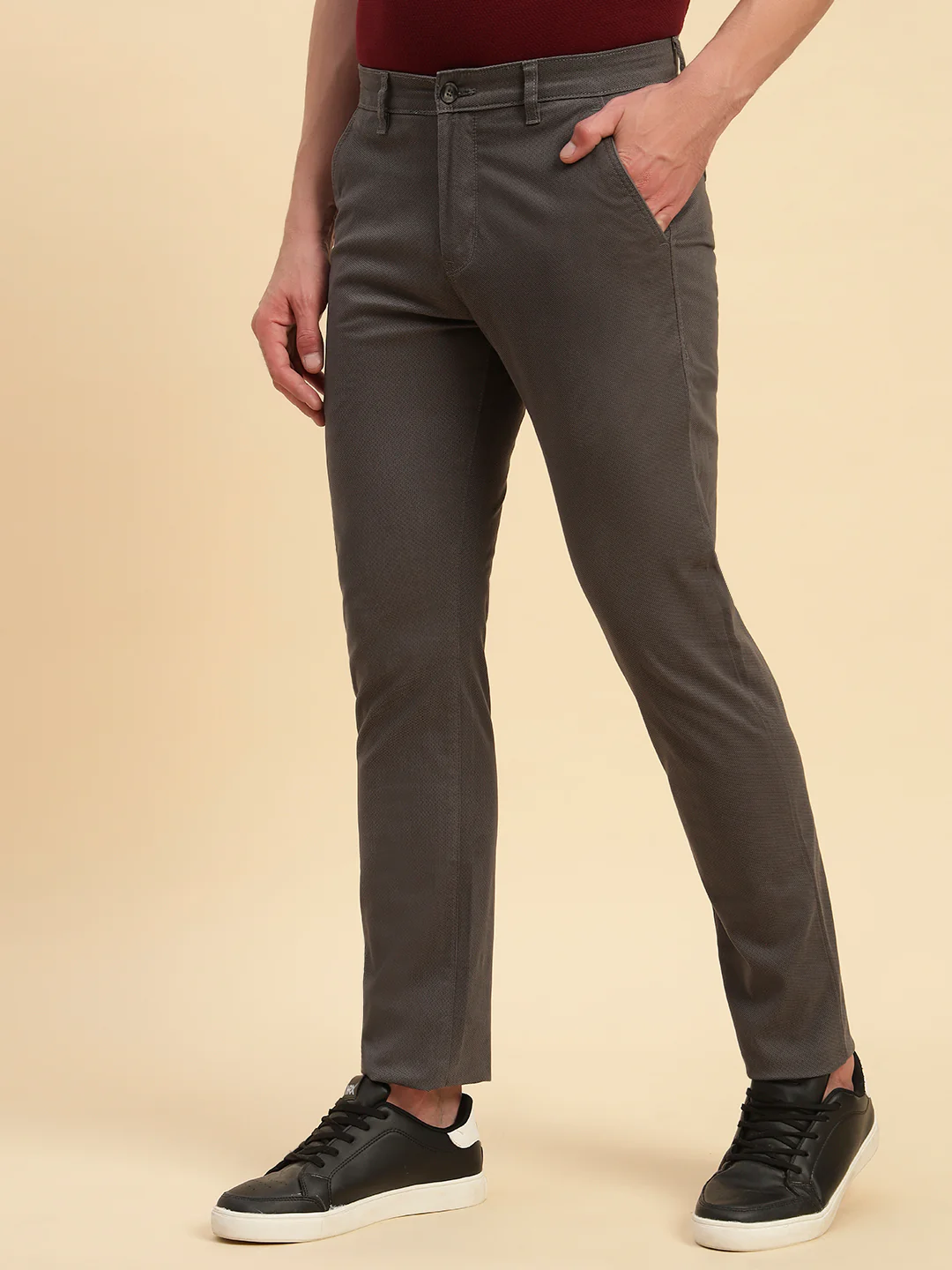 Casual Trouser for Men | Breathable & Soft with Color Fastness Regular Fit Cotton Blend Fabric Self Design Pattern Button Closure - Image 8