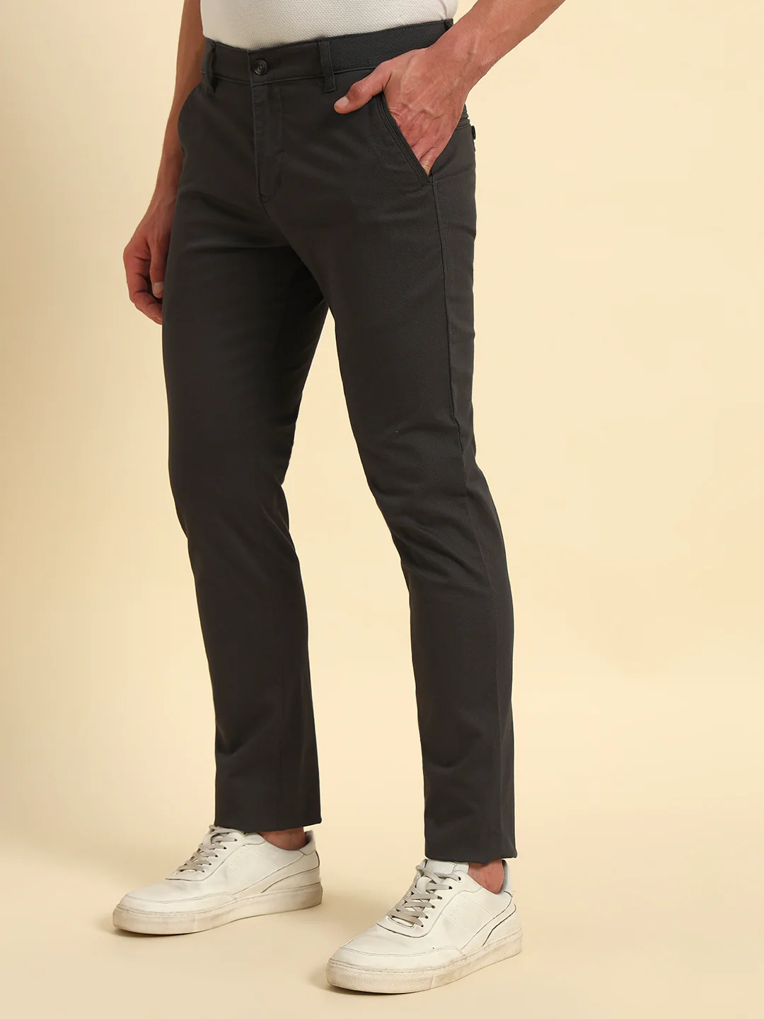 Casual Trouser for Men | Breathable & Soft with Color Fastness Regular Fit Cotton Blend Fabric Self Design Pattern Button Closure - Image 4