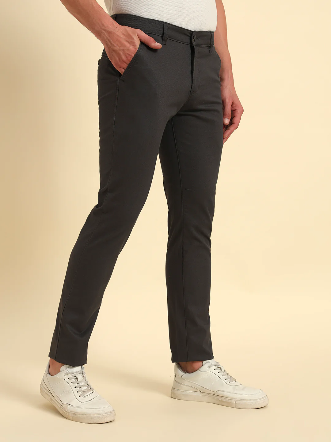 Casual Trouser for Men | Breathable & Soft with Color Fastness Regular Fit Cotton Blend Fabric Self Design Pattern Button Closure - Image 5