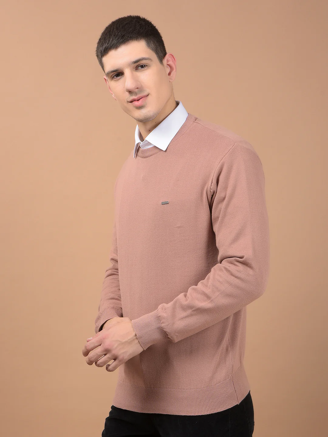 Men's Dusty Pink Solid Full Sleeve Sweater - Image 3