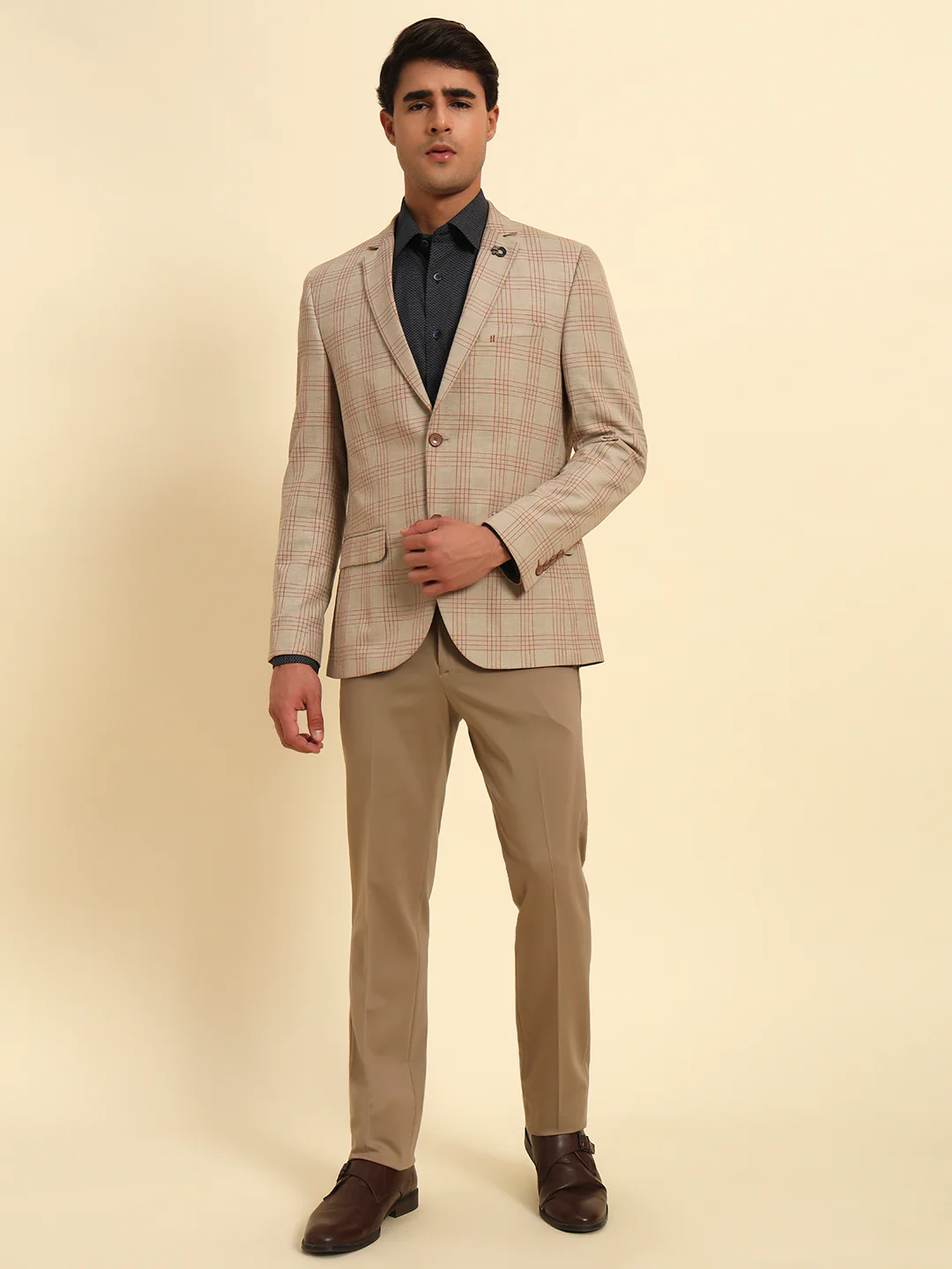 Fawn Checkered Smart Fit Summer Coat | Cantabil - Image 2