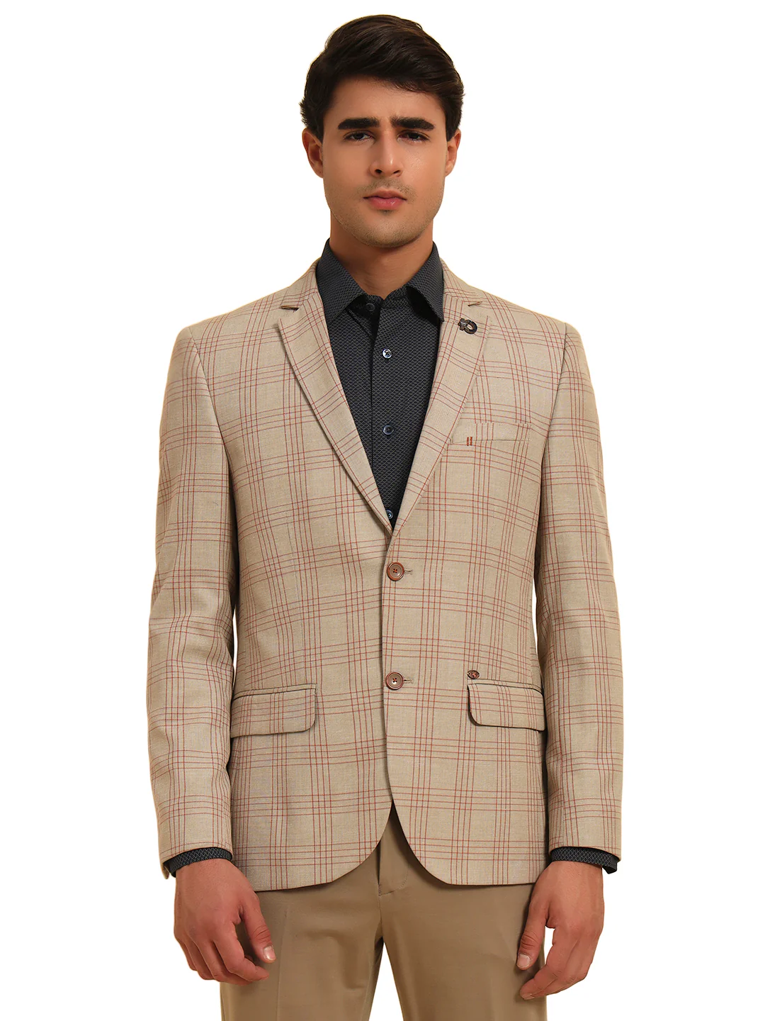 Fawn Checkered Smart Fit Summer Coat | Cantabil - Image 3