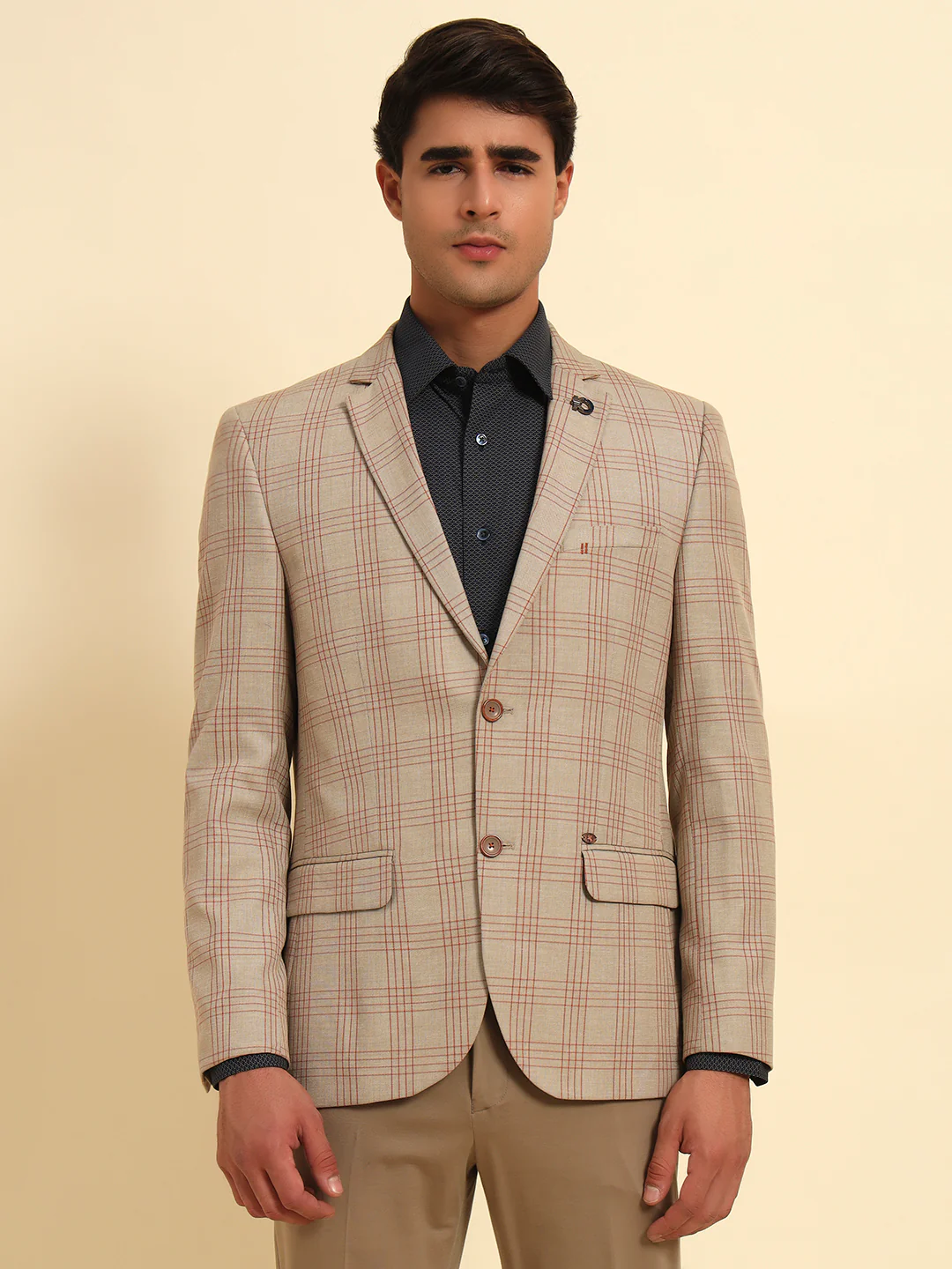 Fawn Checkered Smart Fit Summer Coat | Cantabil - Image 4