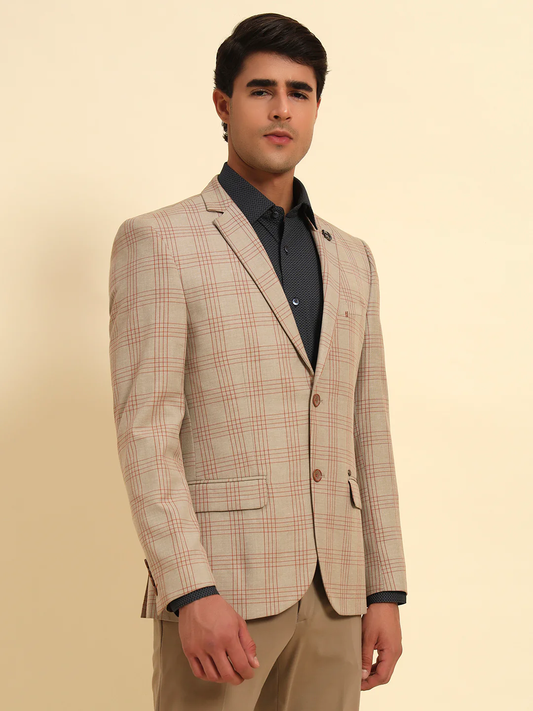 Fawn Checkered Smart Fit Summer Coat | Cantabil - Image 5