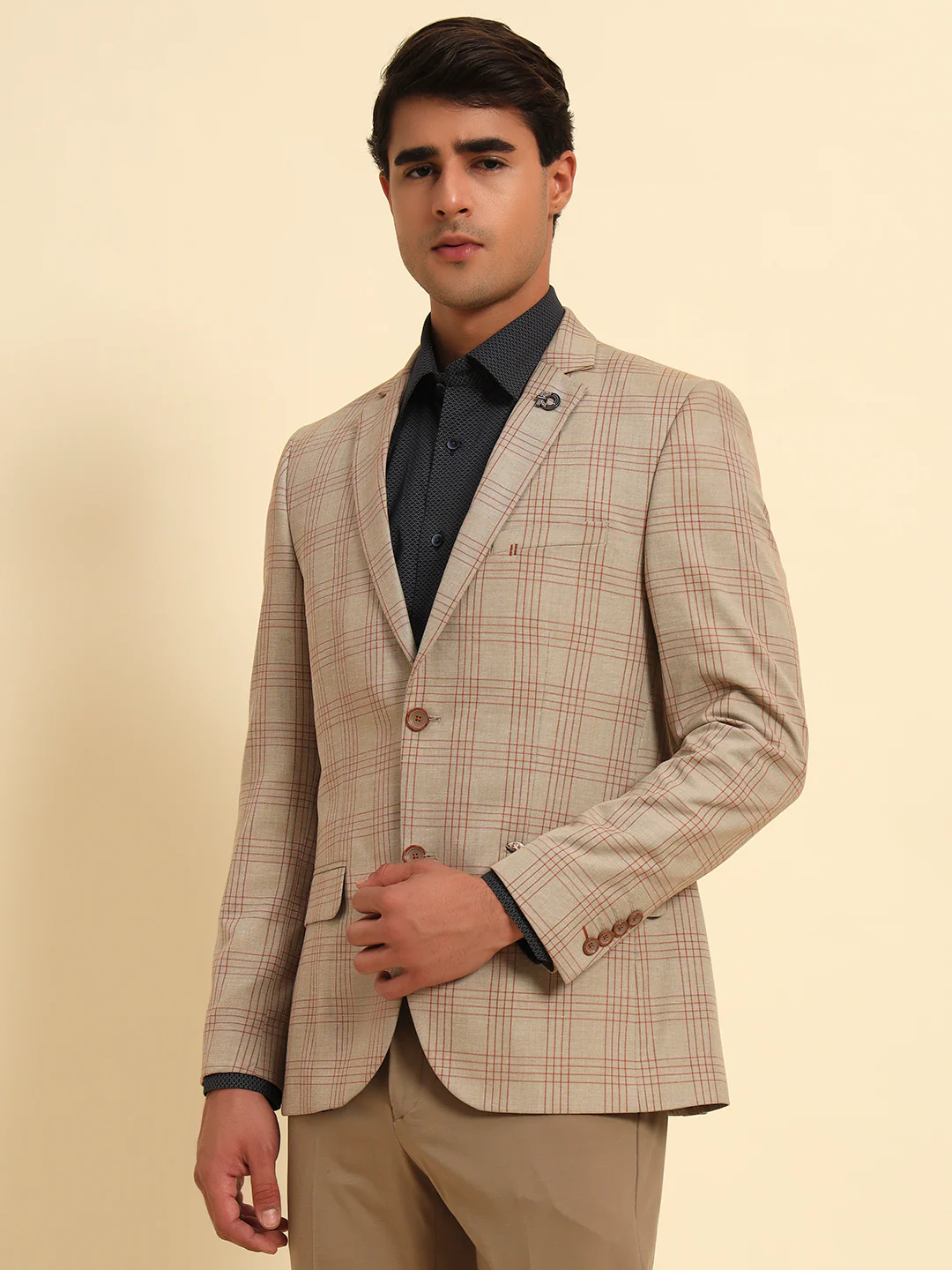 Fawn Checkered Smart Fit Summer Coat | Cantabil - Image 6