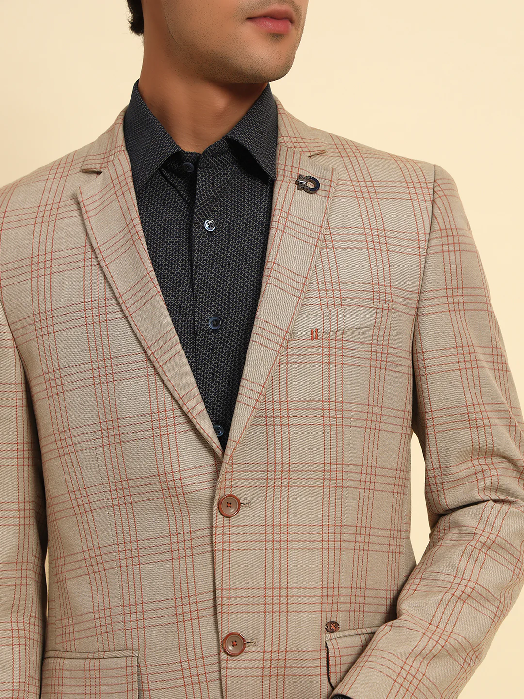 Fawn Checkered Smart Fit Summer Coat | Cantabil - Image 8