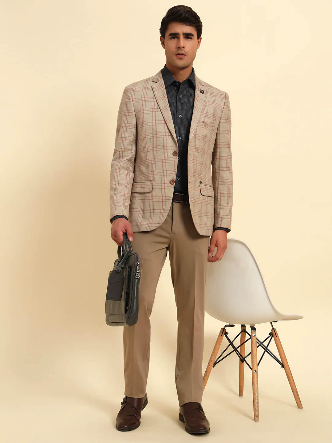 Fawn Checkered Smart Fit Summer Coat | Cantabil - Image 9