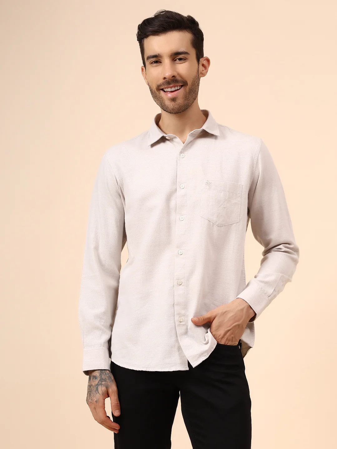 Casual Shirt for Men | Breathable & Soft with Color Fastness Regular Fit Spread Collar Neck Cotton Blend Fabric Self Design Pattern - Image 2