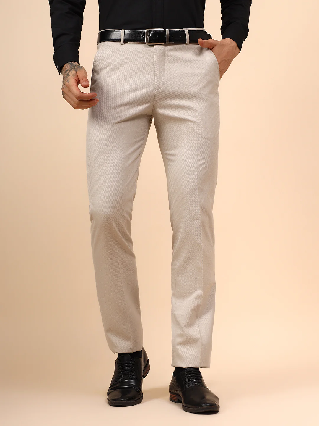 Men's Fawn Self Design Non Plated Regular Fit Formal Trouser - Image 2