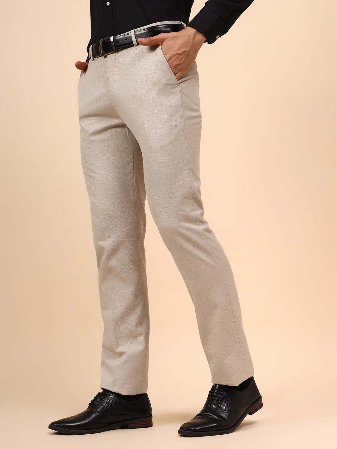 Men's Fawn Self Design Non Plated Regular Fit Formal Trouser - Image 3