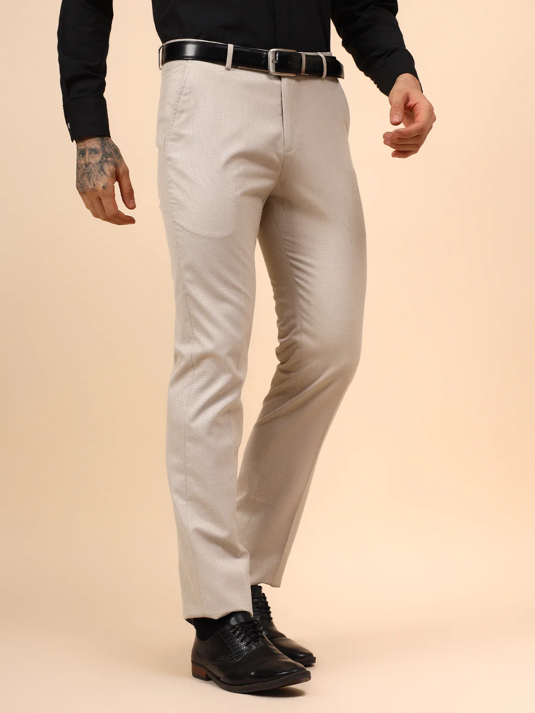 Men's Fawn Self Design Non Plated Regular Fit Formal Trouser - Image 4