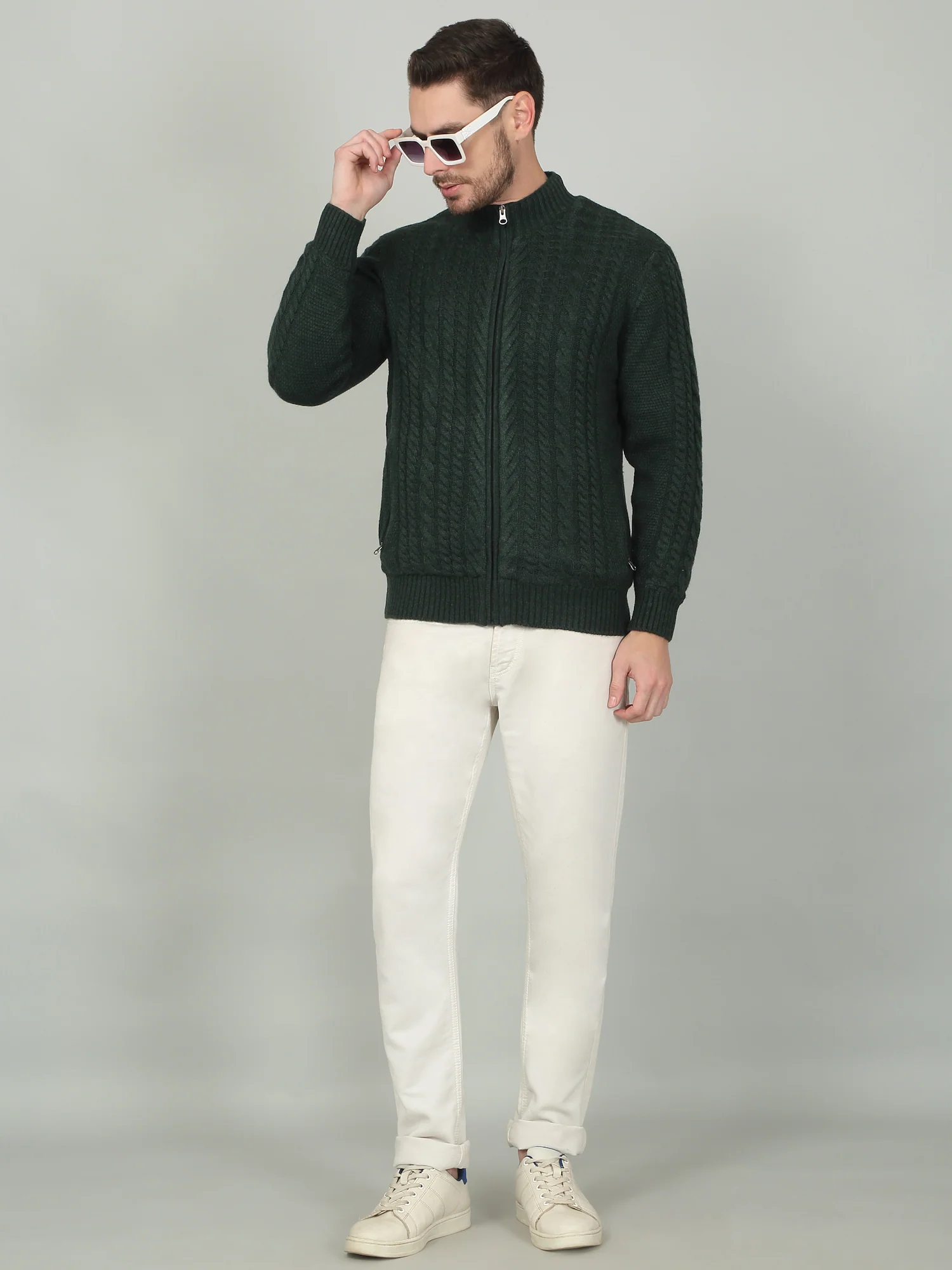 Men's Green Self Design Full Sleeve Sweater - Image 2