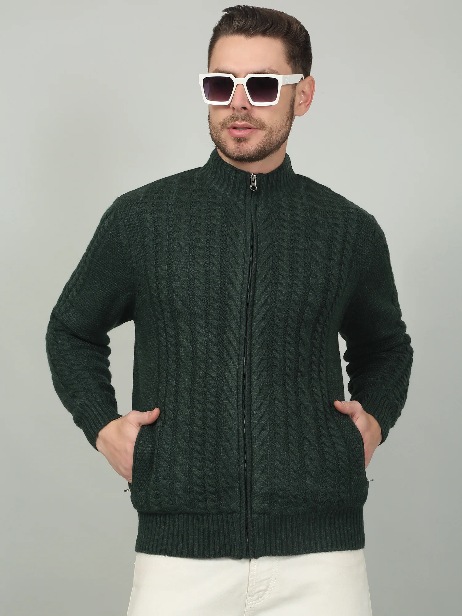 Men's Green Self Design Full Sleeve Sweater - Image 3