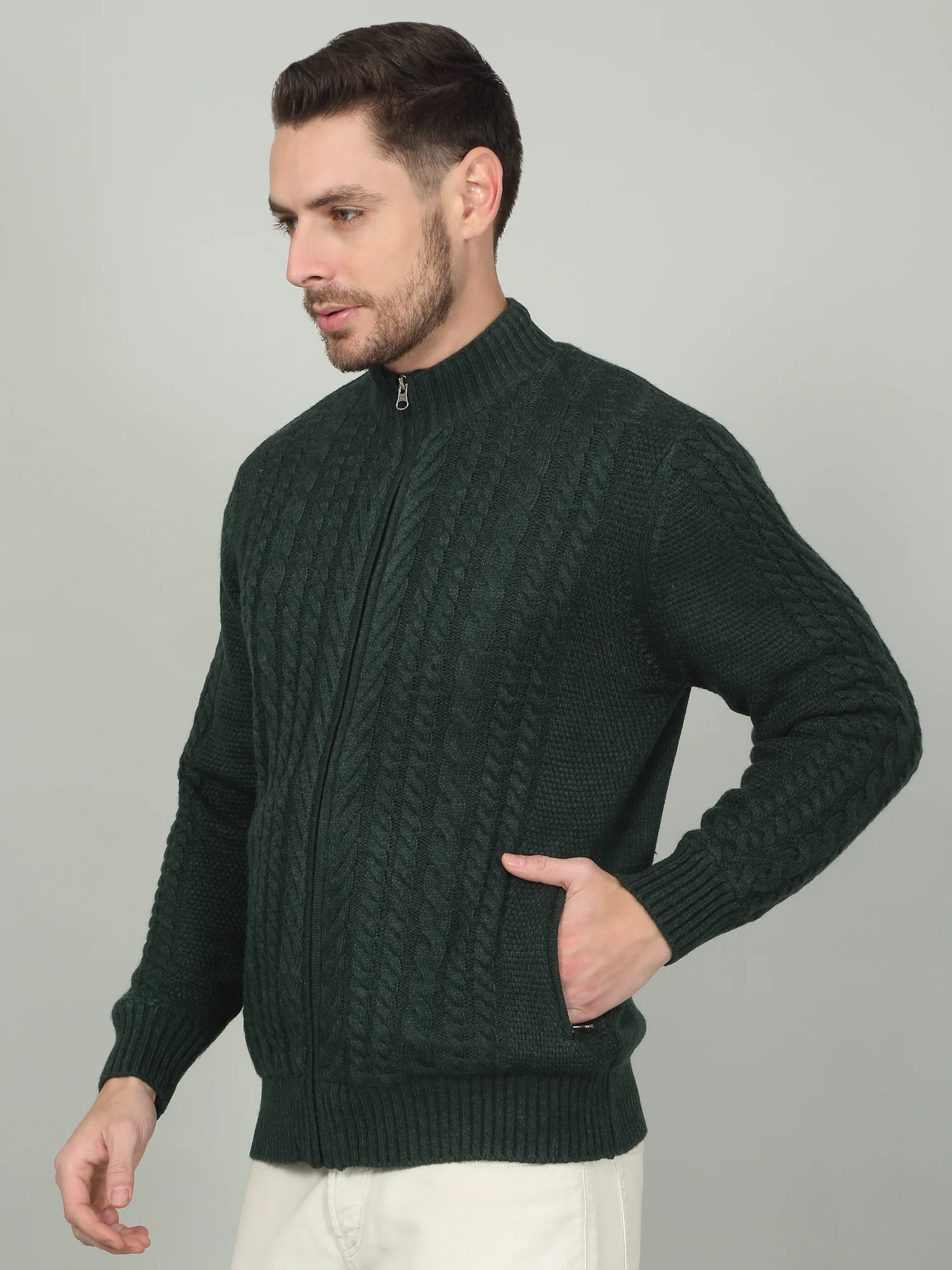 Men's Green Self Design Full Sleeve Sweater - Image 4