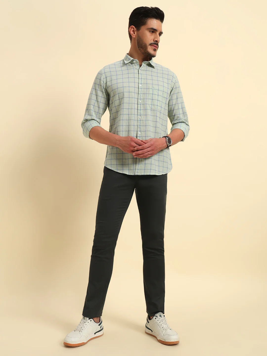 Casual Trouser for Men | Breathable & Soft with Color Fastness Regular Fit Cotton Blend Fabric Self Design Pattern Button Closure - Image 2