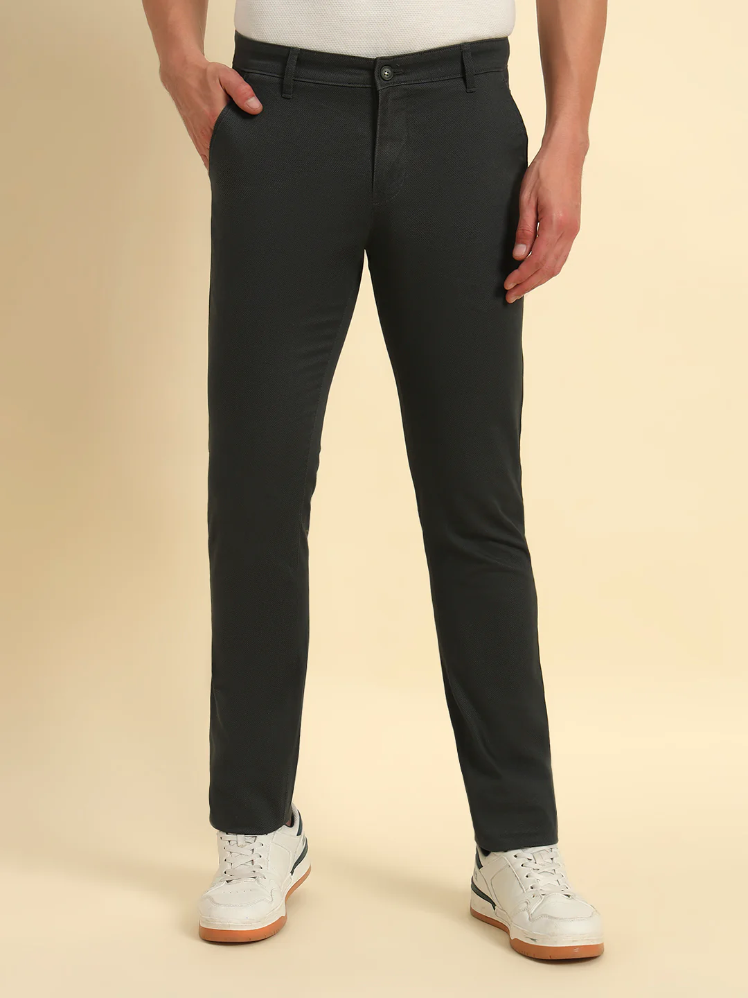 Casual Trouser for Men | Breathable & Soft with Color Fastness Regular Fit Cotton Blend Fabric Self Design Pattern Button Closure - Image 5