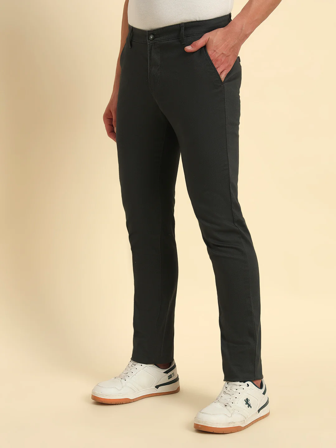 Casual Trouser for Men | Breathable & Soft with Color Fastness Regular Fit Cotton Blend Fabric Self Design Pattern Button Closure - Image 6