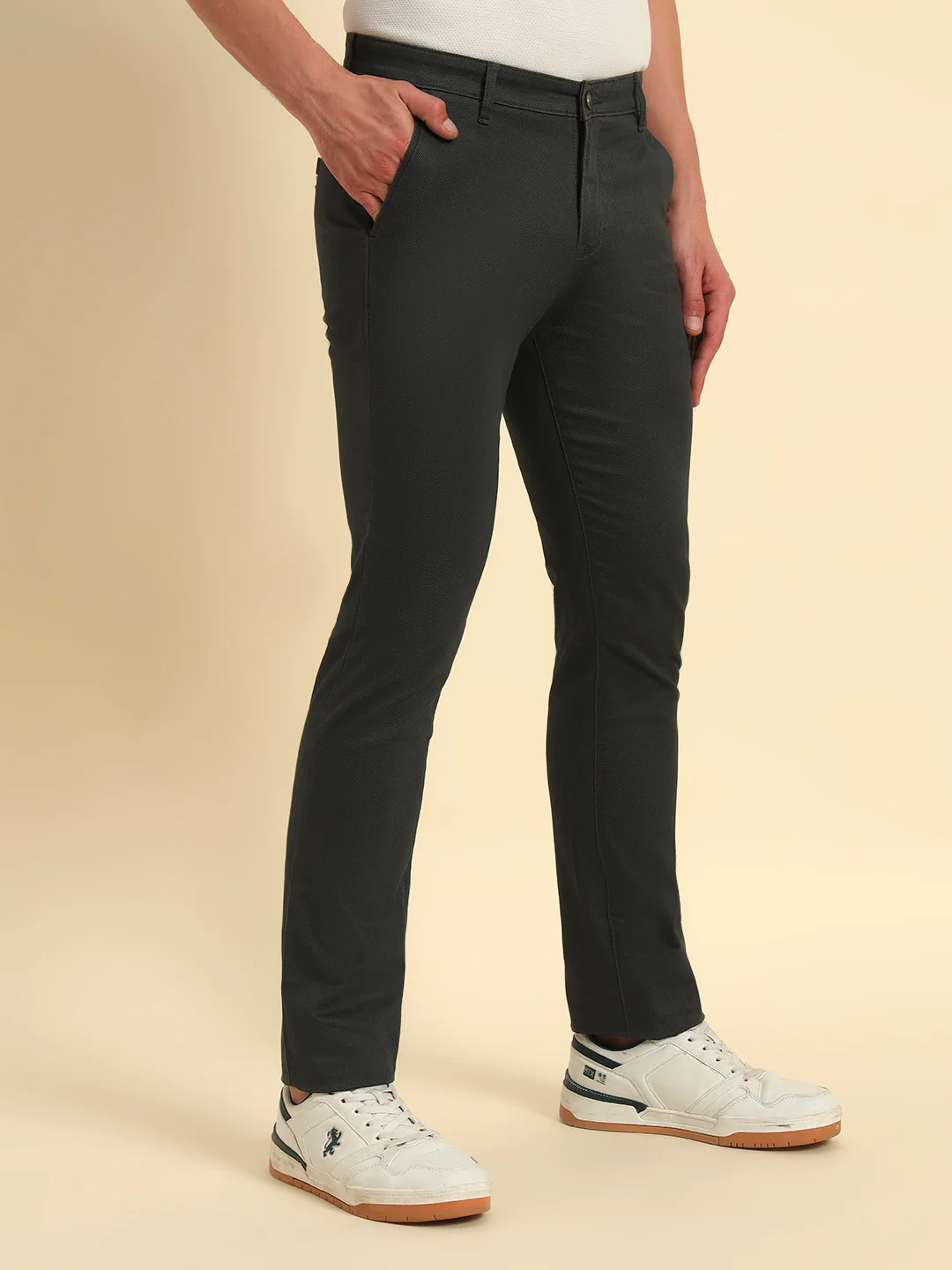 Casual Trouser for Men | Breathable & Soft with Color Fastness Regular Fit Cotton Blend Fabric Self Design Pattern Button Closure - Image 7