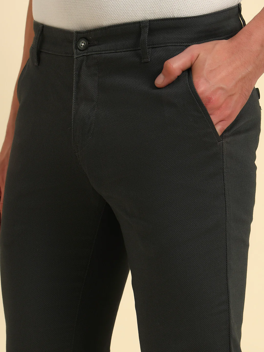 Casual Trouser for Men | Breathable & Soft with Color Fastness Regular Fit Cotton Blend Fabric Self Design Pattern Button Closure - Image 8