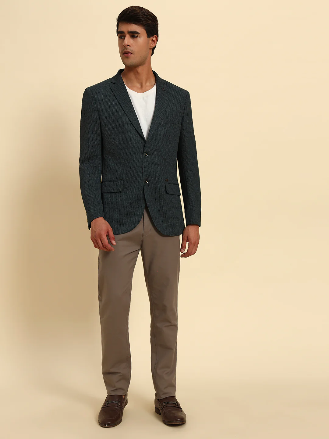 Green Self-Design Slim Fit Winter Coat | Cantabil - Image 2