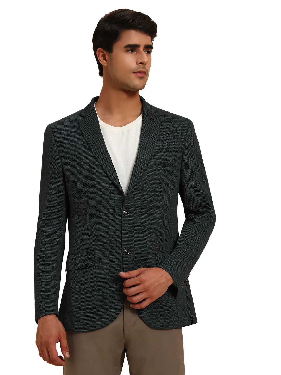 Green Self-Design Slim Fit Winter Coat | Cantabil - Image 3