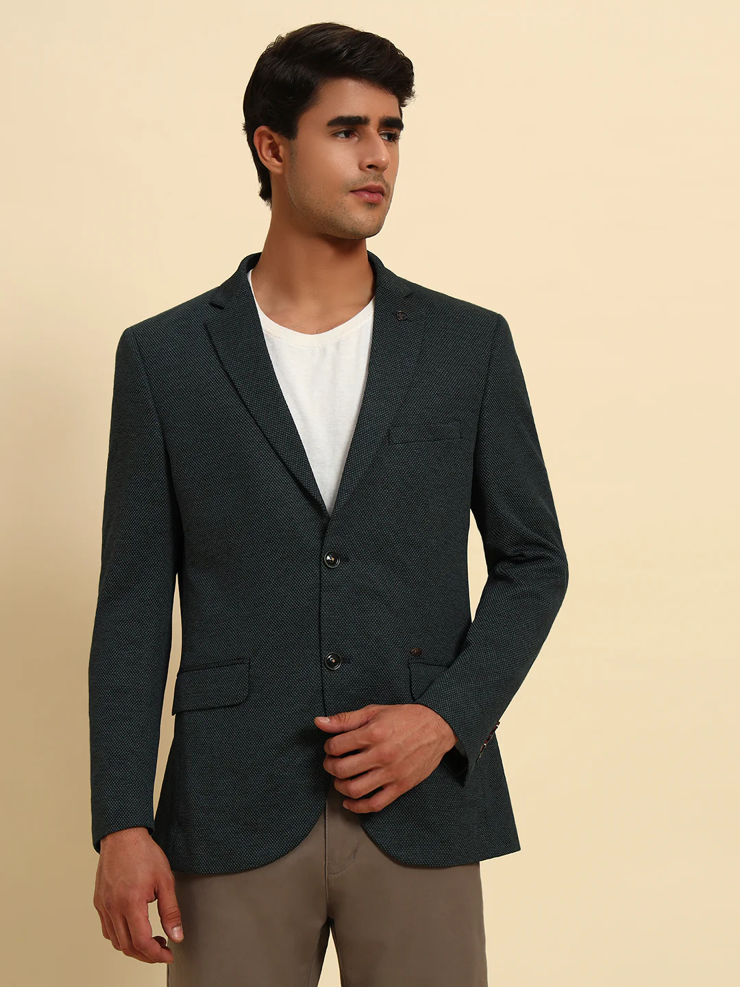Green Self-Design Slim Fit Winter Coat | Cantabil - Image 4