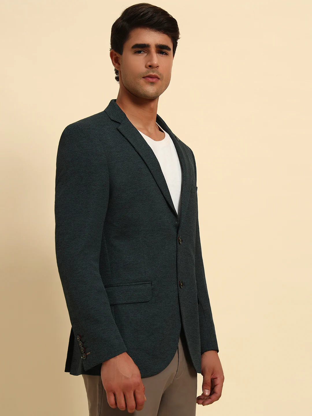 Green Self-Design Slim Fit Winter Coat | Cantabil - Image 5
