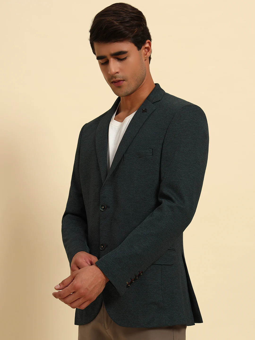 Green Self-Design Slim Fit Winter Coat | Cantabil - Image 7