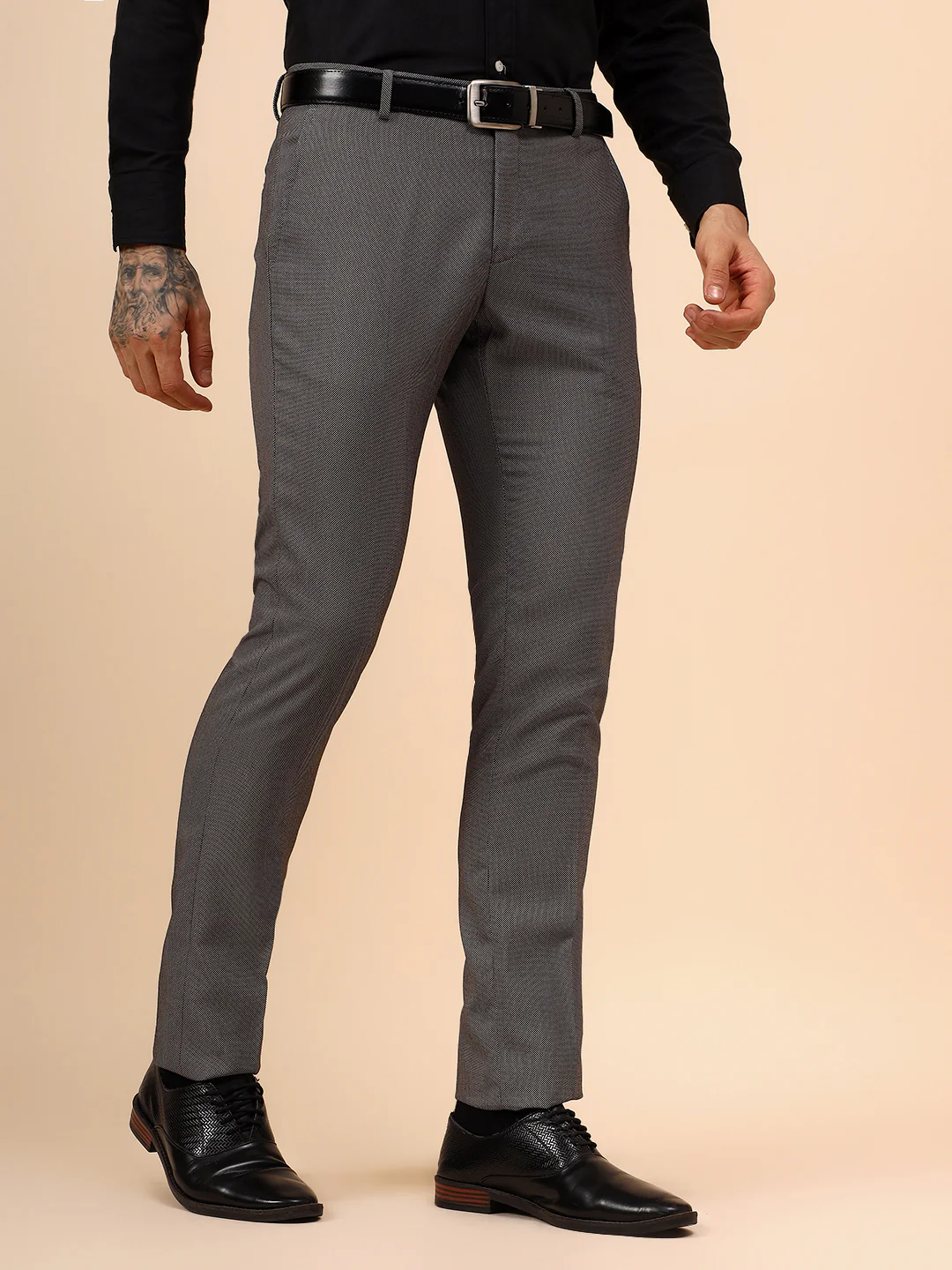 Men's Grey Self Design Non Plated Regular Fit Formal Trouser - Image 2