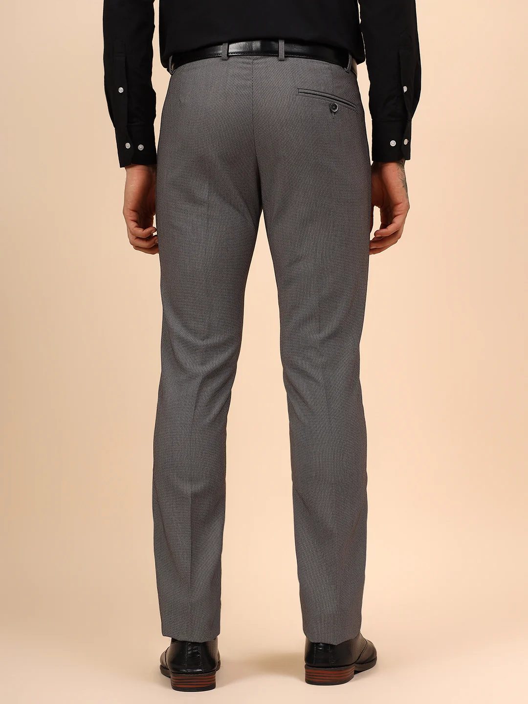 Men's Grey Self Design Non Plated Regular Fit Formal Trouser - Image 3