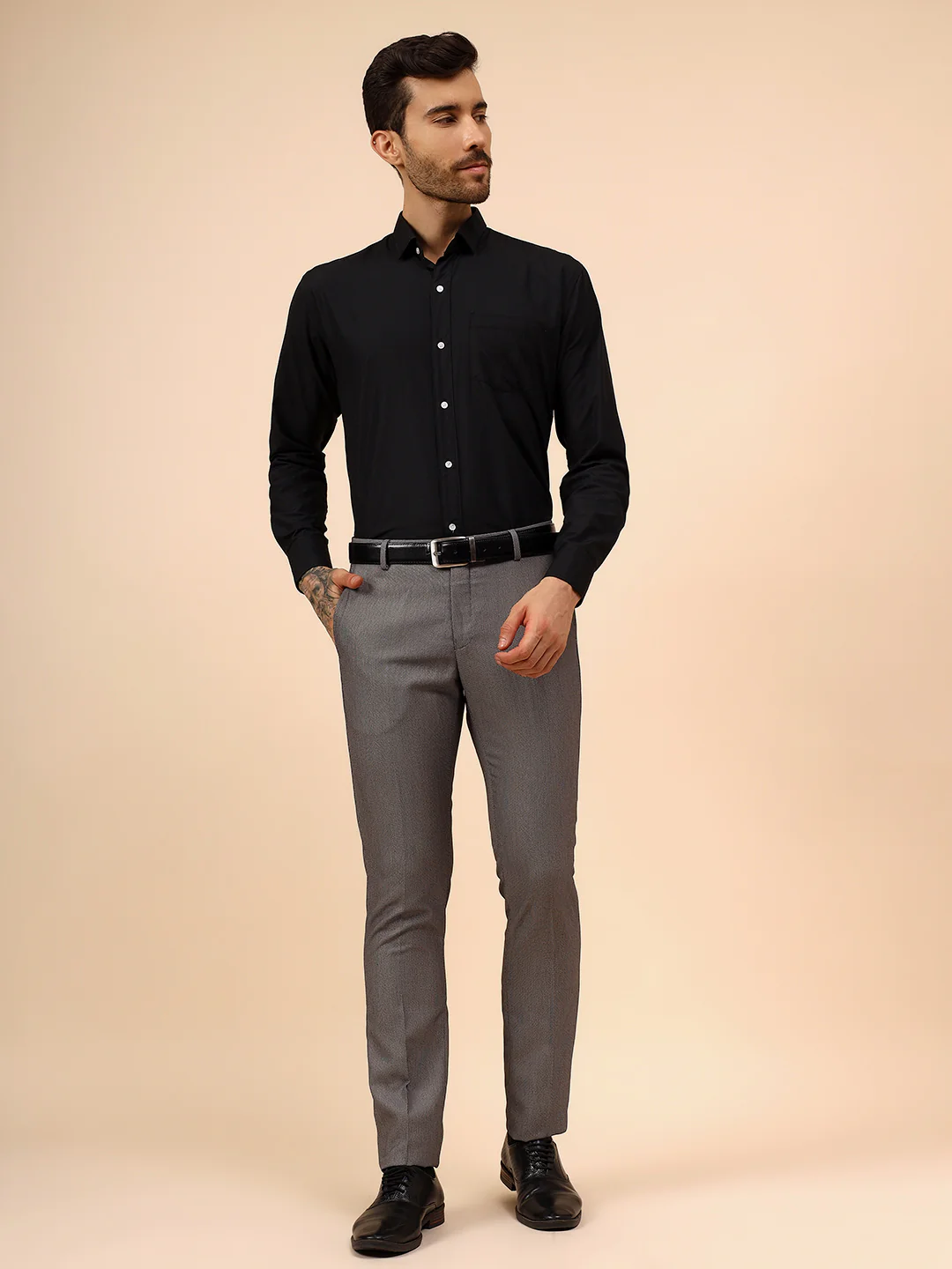 Men's Grey Self Design Non Plated Regular Fit Formal Trouser - Image 4