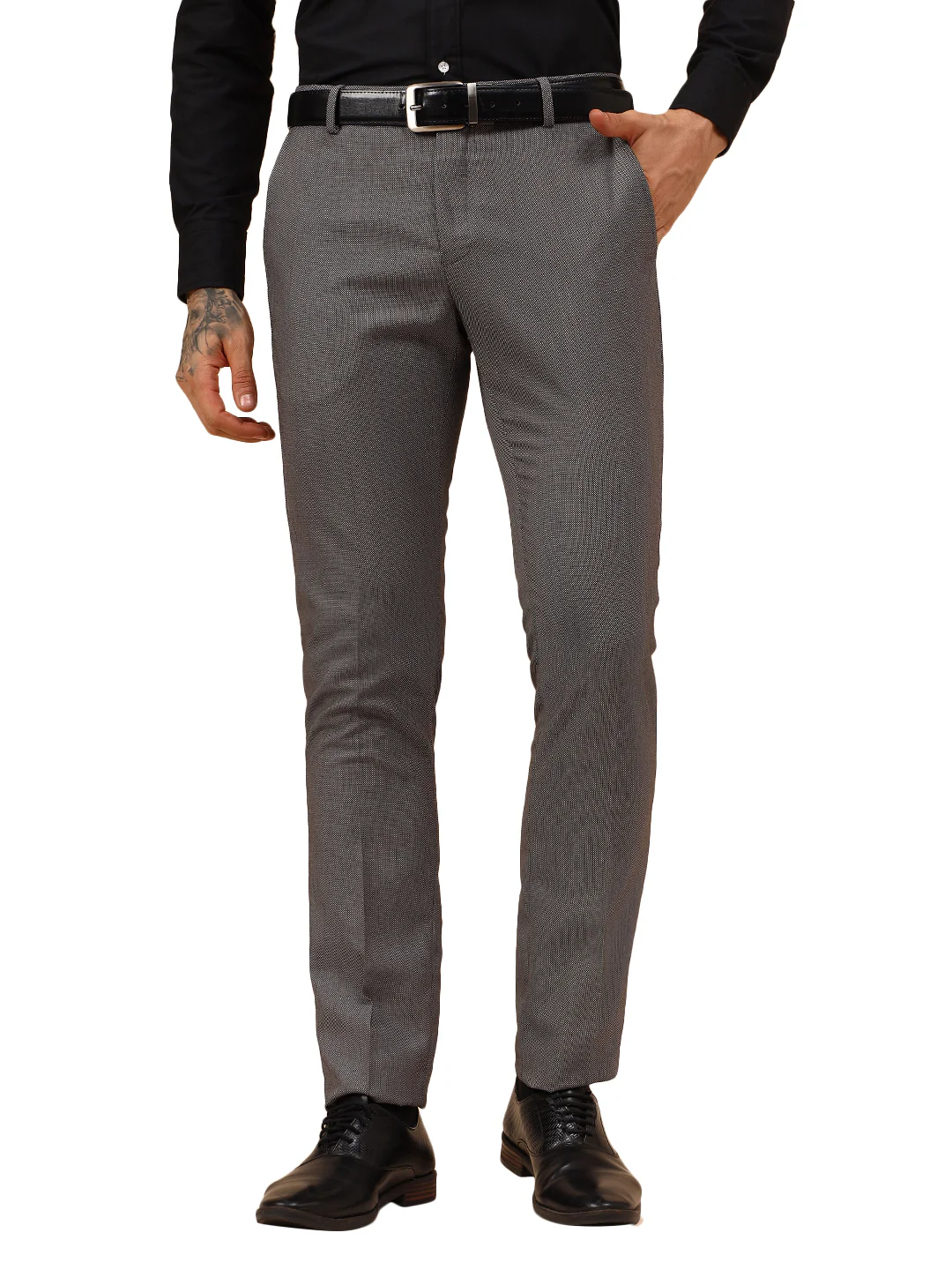 Men's Grey Self Design Non Plated Regular Fit Formal Trouser - Image 5