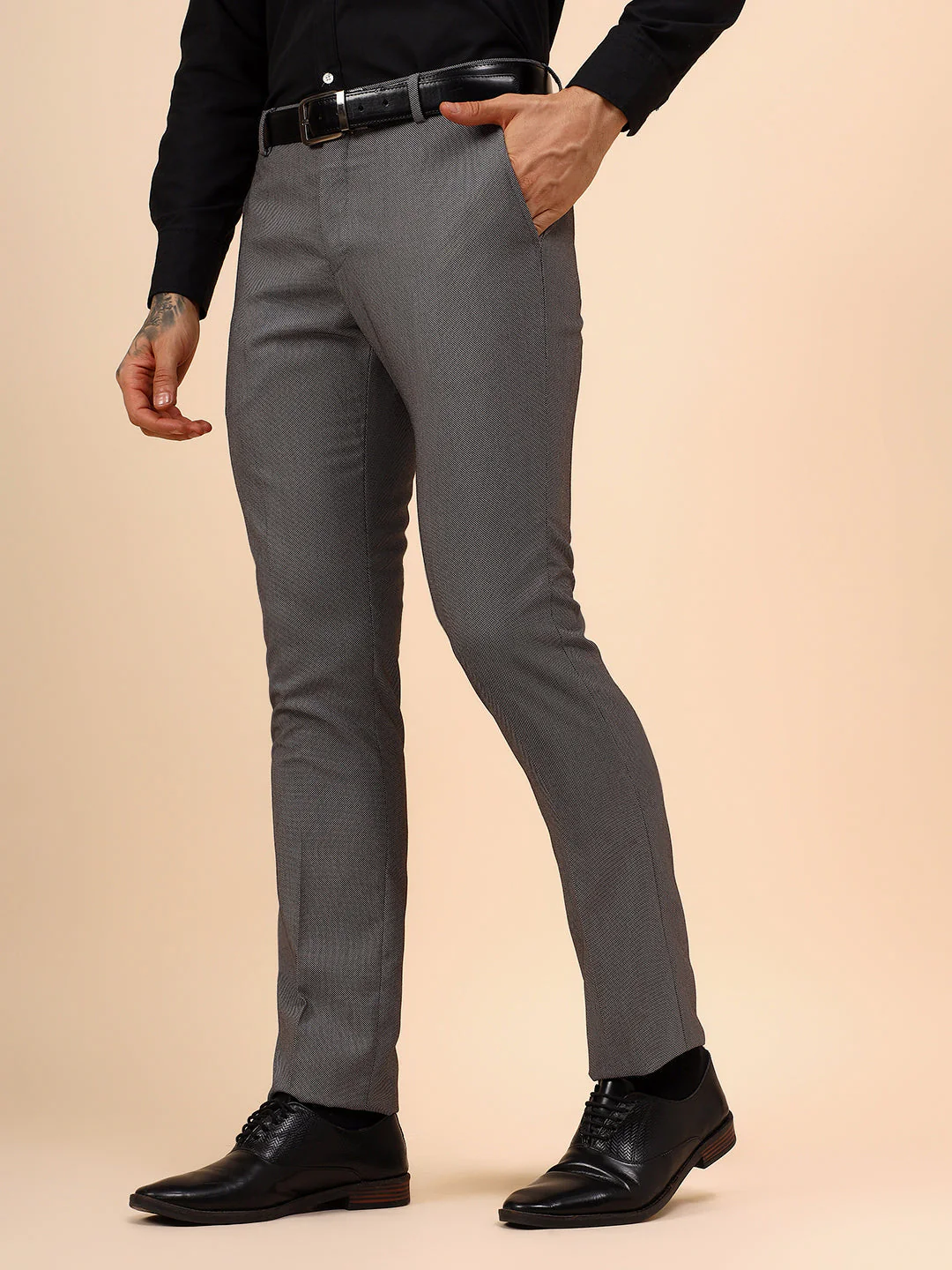 Men's Grey Self Design Non Plated Regular Fit Formal Trouser - Image 7