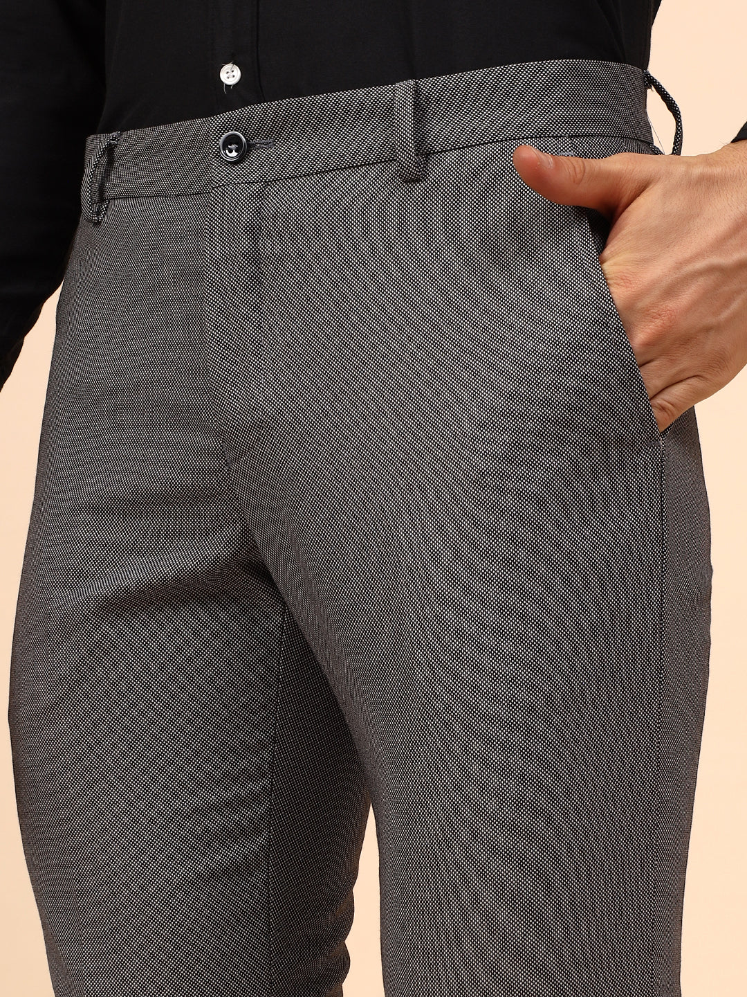 Men's Grey Self Design Non Plated Regular Fit Formal Trouser - Image 8